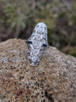 18k white gold diamond & sapphire estate Art Deco c.20-30's filigree glove shield ring