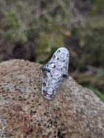 18k white gold diamond & sapphire estate Art Deco c.20-30's filigree glove shield ring