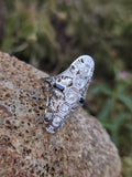 18k white gold diamond & sapphire estate Art Deco c.20-30's filigree glove shield ring
