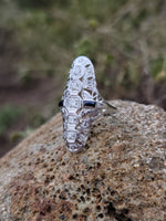 18k white gold diamond & sapphire estate Art Deco c.20-30's filigree glove shield ring