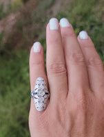 18k white gold diamond & sapphire estate Art Deco c.20-30's filigree glove shield ring