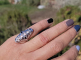 18k white gold diamond & sapphire estate Art Deco c.20-30's filigree glove shield ring
