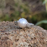 18k white gold Deco pearl solitaire antique ring