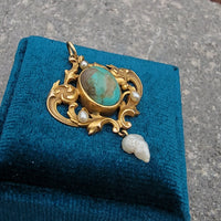 14k yellow gold Victorian Turquoise & Pearl lavaliere necklace pendant