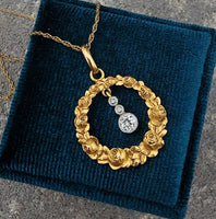 14k gold Edwardian diamond flower rose floral wreath necklace pendant lavaliere