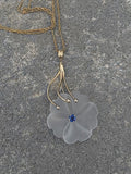 14k white gold carved floral flower crystal & blue sapphire estate pendant necklace