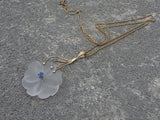 14k white gold carved floral flower crystal & blue sapphire estate pendant necklace