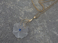 14k white gold carved floral flower crystal & blue sapphire estate pendant necklace