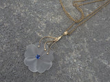 14k white gold carved floral flower crystal & blue sapphire estate pendant necklace
