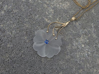 14k white gold carved floral flower crystal & blue sapphire estate pendant necklace