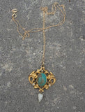 14k yellow gold Victorian Turquoise & Pearl lavaliere necklace pendant