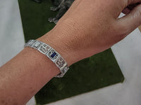 14k white gold c.1920's Deco filigree diamond & blue sapphire bracelet