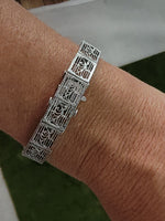 14k white gold c.1920's Deco filigree diamond & blue sapphire bracelet