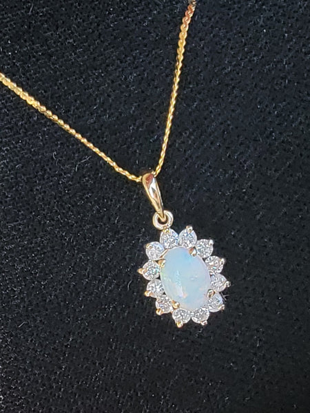 14k yellow gold Opal & Diamond halo necklace pendant