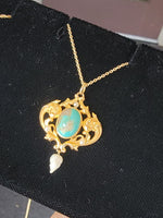 14k yellow gold Victorian Turquoise & Pearl lavaliere necklace pendant