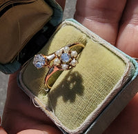 14k gold Victorian flower floral diamond & pearl ring