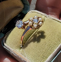 14k gold Victorian flower floral diamond & pearl ring