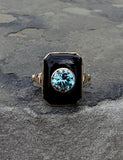 10k gold Black Onyx & natural Blue Zircon c.1930's Deco Ring