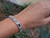 10k white gold c.1920's Deco filigree aquamarine & black onyx bracelet