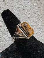 10k white & rose gold two tone Deco carved Tiger's eye trojan warrior estate men's ring