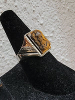10k white & rose gold two tone Deco carved Tiger's eye trojan warrior estate men's ring