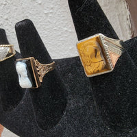 10k white & rose gold two tone Deco carved Tiger's eye trojan warrior estate men's ring