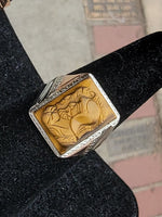 10k white & rose gold two tone Deco carved Tiger's eye trojan warrior estate men's ring