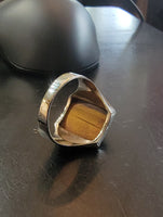 10k white & rose gold two tone Deco carved Tiger's eye trojan warrior estate men's ring