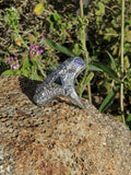 Platinum diamond & blue sapphire estate Art Deco c.1920's filigree glove shield ring