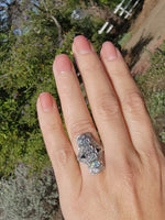 Platinum diamond & blue sapphire estate Art Deco c.1920's filigree glove shield ring