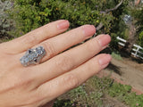 Platinum diamond & blue sapphire estate Art Deco c.1920's filigree glove shield ring