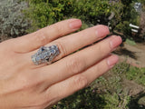 Platinum diamond & blue sapphire estate Art Deco c.1920's filigree glove shield ring