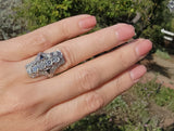 Platinum diamond & blue sapphire estate Art Deco c.1920's filigree glove shield ring