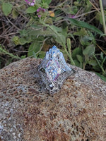 14k white gold diamond & pink sapphire estate Art Deco c.1920's filigree glove shield ring