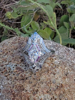14k white gold diamond & pink sapphire estate Art Deco c.1920's filigree glove shield ring