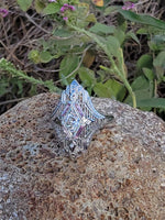 14k white gold diamond & pink sapphire estate Art Deco c.1920's filigree glove shield ring