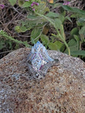 14k white gold diamond & pink sapphire estate Art Deco c.1920's filigree glove shield ring