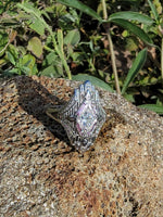 14k white gold diamond & pink sapphire estate Art Deco c.1920's filigree glove shield ring