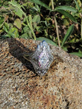 14k white gold diamond & pink sapphire estate Art Deco c.1920's filigree glove shield ring