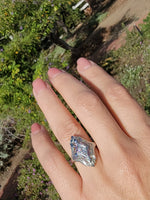 14k white gold diamond & pink sapphire estate Art Deco c.1920's filigree glove shield ring