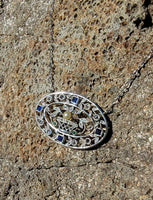 Platinum & 18k gold Edwardian giardinetti emerald, pearl, sapphire & diamond filigree pendant necklace