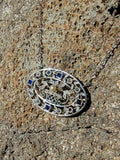 Platinum & 18k gold Edwardian giardinetti emerald, pearl, sapphire & diamond filigree pendant necklace