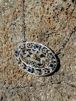 Platinum & 18k gold Edwardian giardinetti emerald, pearl, sapphire & diamond filigree pendant necklace