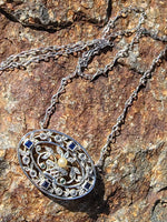 Platinum & 18k gold Edwardian giardinetti emerald, pearl, sapphire & diamond filigree pendant necklace