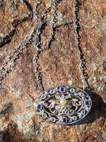 Platinum & 18k gold Edwardian giardinetti emerald, pearl, sapphire & diamond filigree pendant necklace