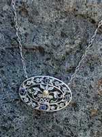 Platinum & 18k gold Edwardian giardinetti emerald, pearl, sapphire & diamond filigree pendant necklace