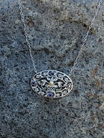 Platinum & 18k gold Edwardian giardinetti emerald, pearl, sapphire & diamond filigree pendant necklace