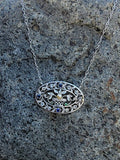 Platinum & 18k gold Edwardian giardinetti emerald, pearl, sapphire & diamond filigree pendant necklace