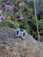 18k white gold engraved diamond & sapphire estate Art Deco c.1920's square ring