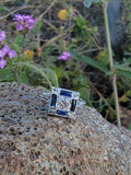 18k white gold engraved diamond & sapphire estate Art Deco c.1920's square ring